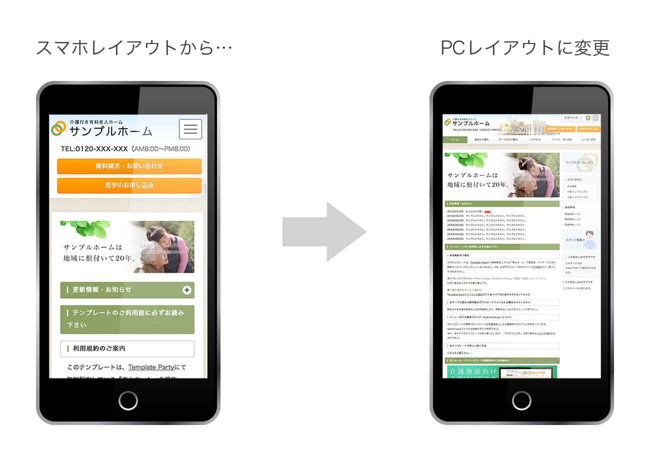 スマートフォンレイアウト をボタンクリックで Pcレイアウト にチェンジする Template Party